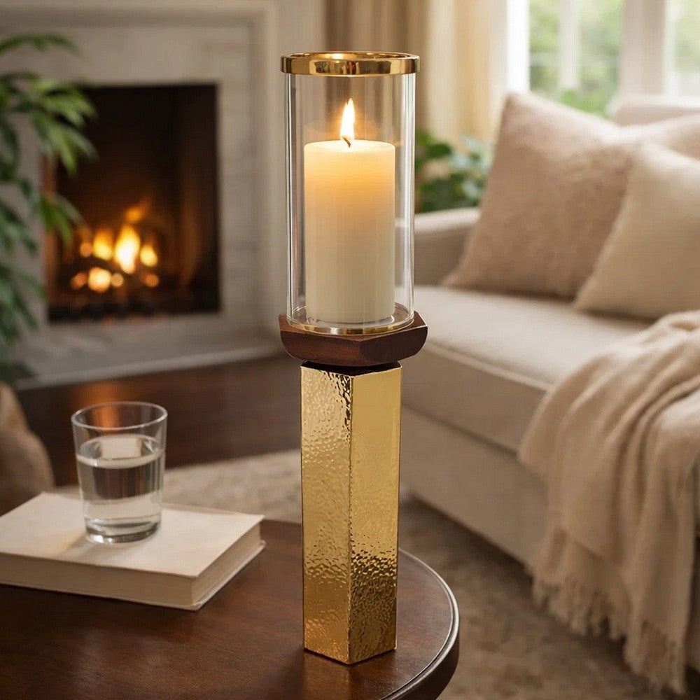 Gemo Hurricane Candle Holder with Gold Base | Mango Wood Accent 21"