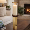 Gemo Hurricane Candle Holder with Gold Base | Mango Wood Accent 21"