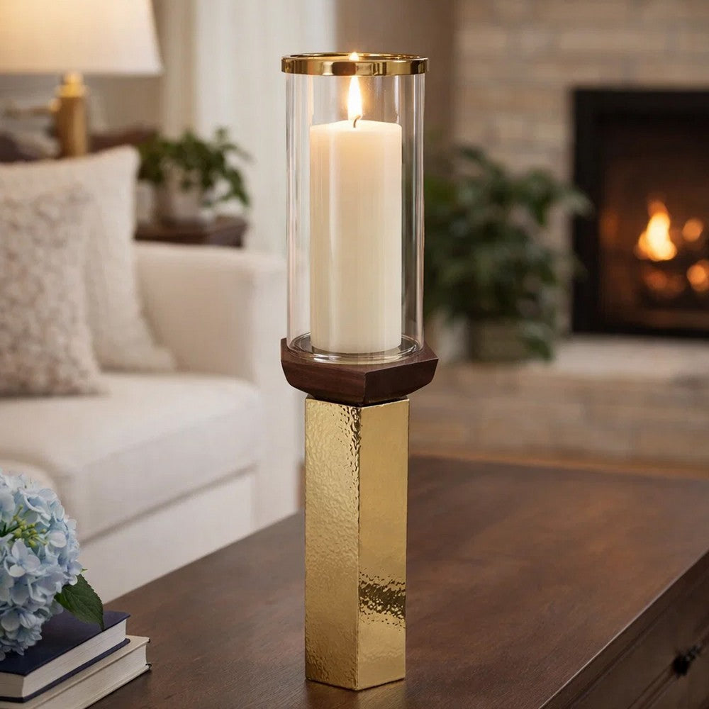 Gemo Hurricane Candle Holder with Gold Base | Mango Wood Accent 21"