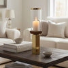 Gemo Hurricane Candle Holder with Gold Base | Mango Wood Accent 21"
