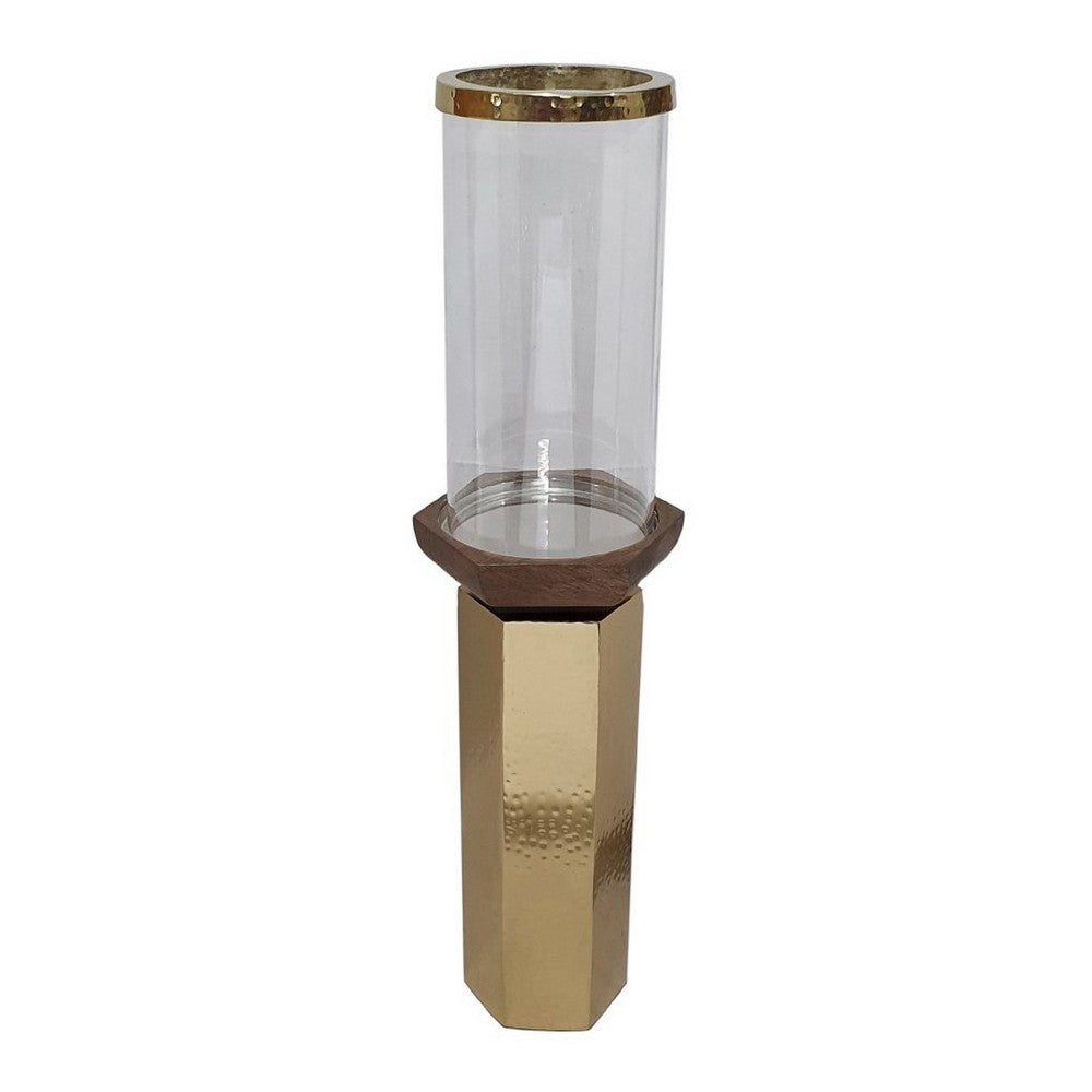 Gemo Hurricane Candle Holder with Gold Base | Mango Wood Accent 20"