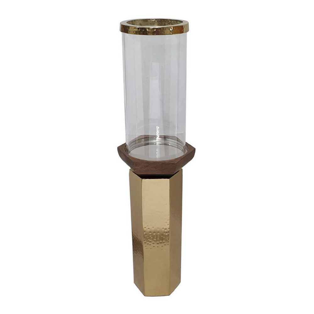 Gemo Hurricane Candle Holder with Gold Base | Mango Wood Accent 20"