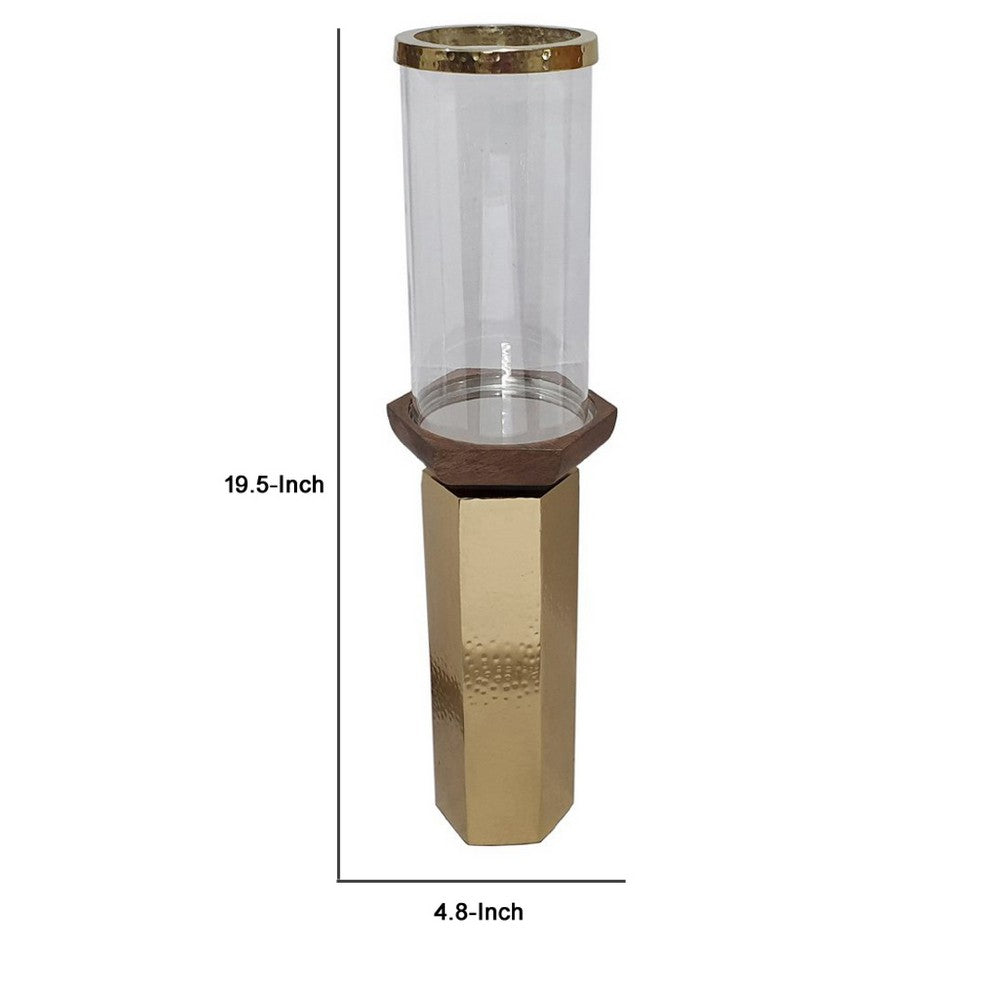 Gemo Hurricane Candle Holder with Gold Base | Mango Wood Accent 20"