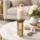 Gemo Hurricane Candle Holder with Gold Base | Mango Wood Accent 20"