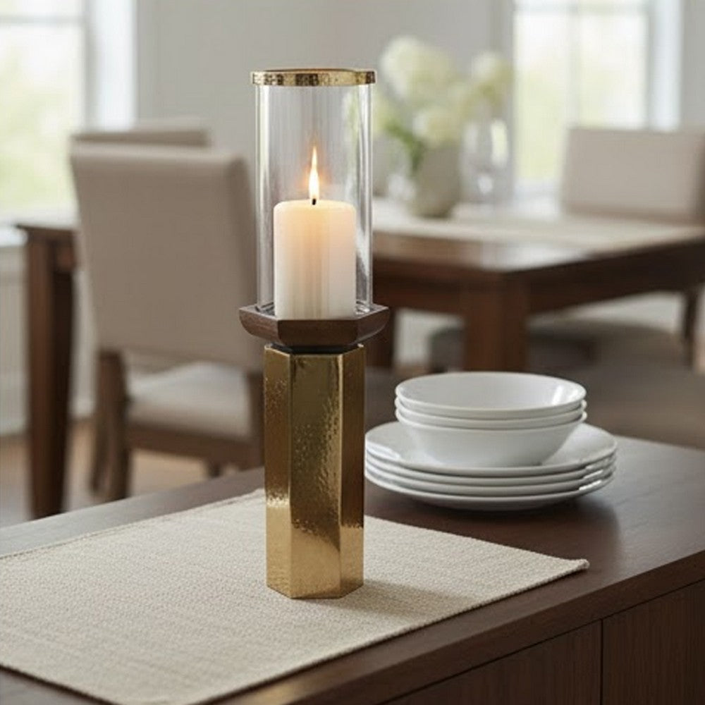 Gemo Hurricane Candle Holder with Gold Base | Mango Wood Accent 20"