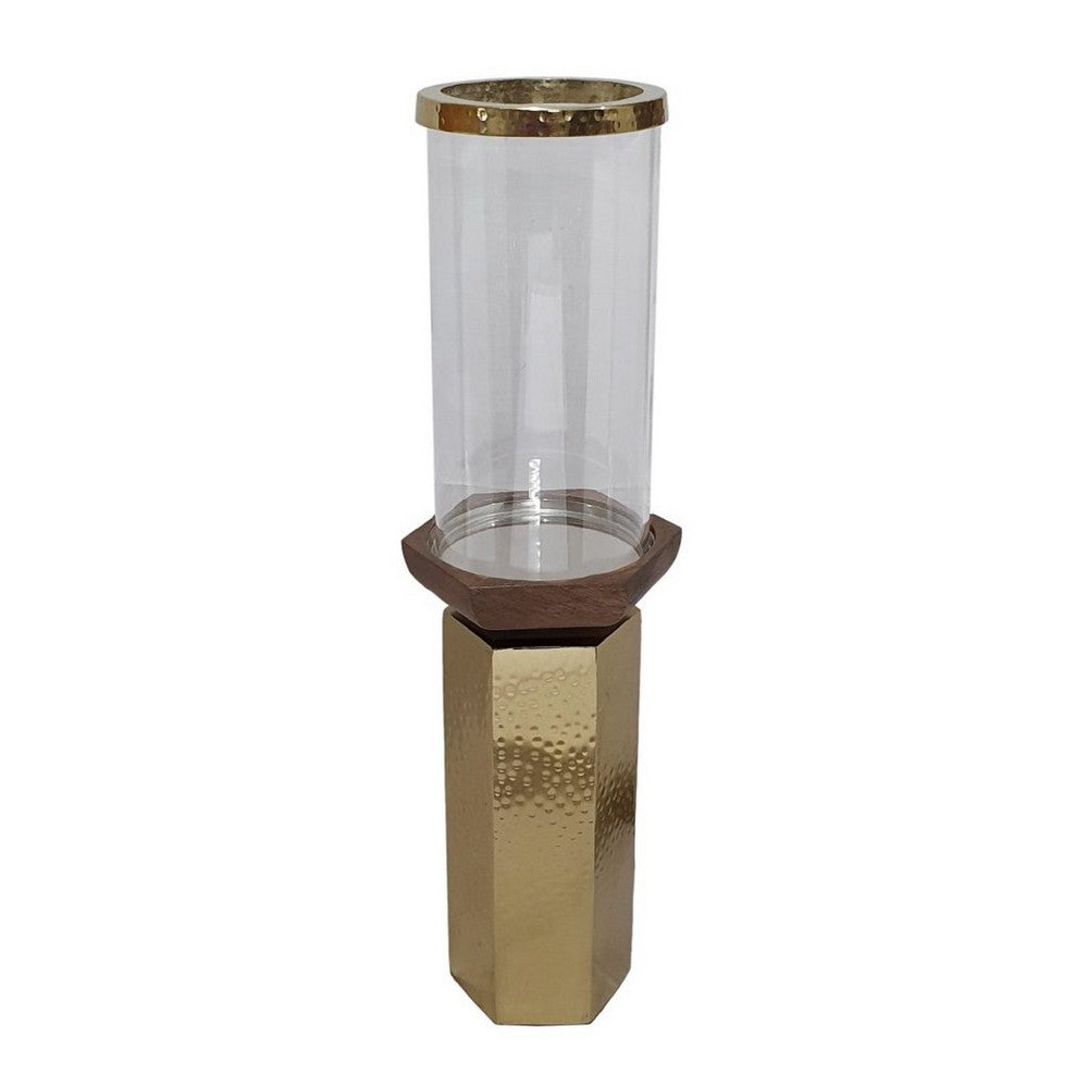 Gemo Hurricane Candle Holder with Gold Base | Mango Wood Accent 18"