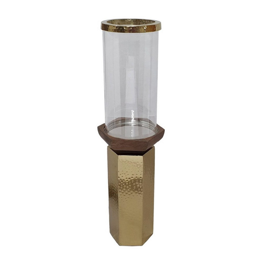 Gemo Hurricane Candle Holder with Gold Base | Mango Wood Accent 18"