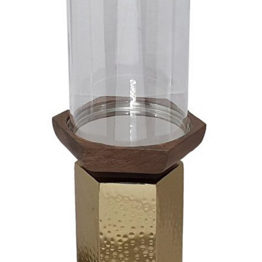 Gemo Hurricane Candle Holder with Gold Base | Mango Wood Accent 18"