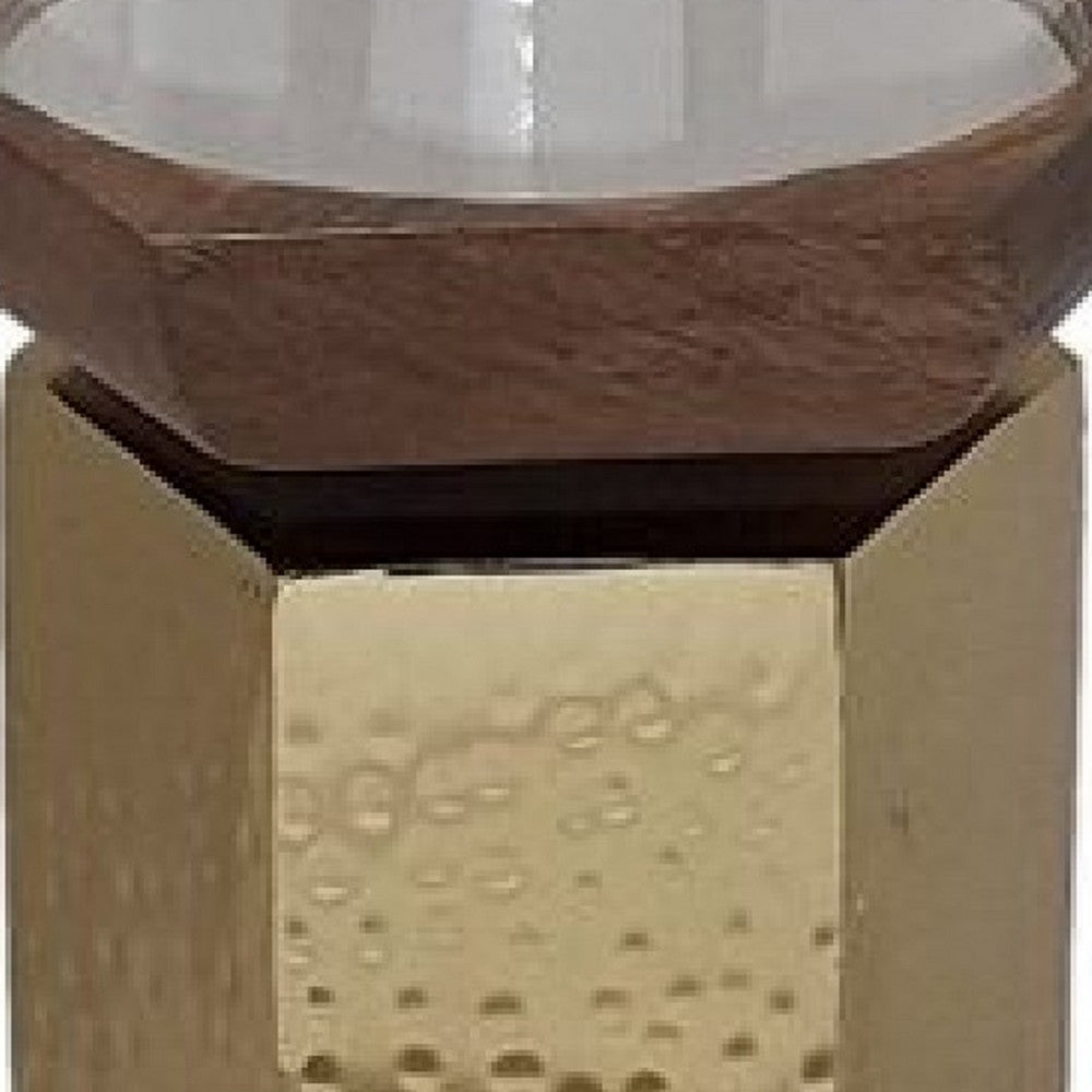 Gemo Hurricane Candle Holder with Gold Base | Mango Wood Accent 18"