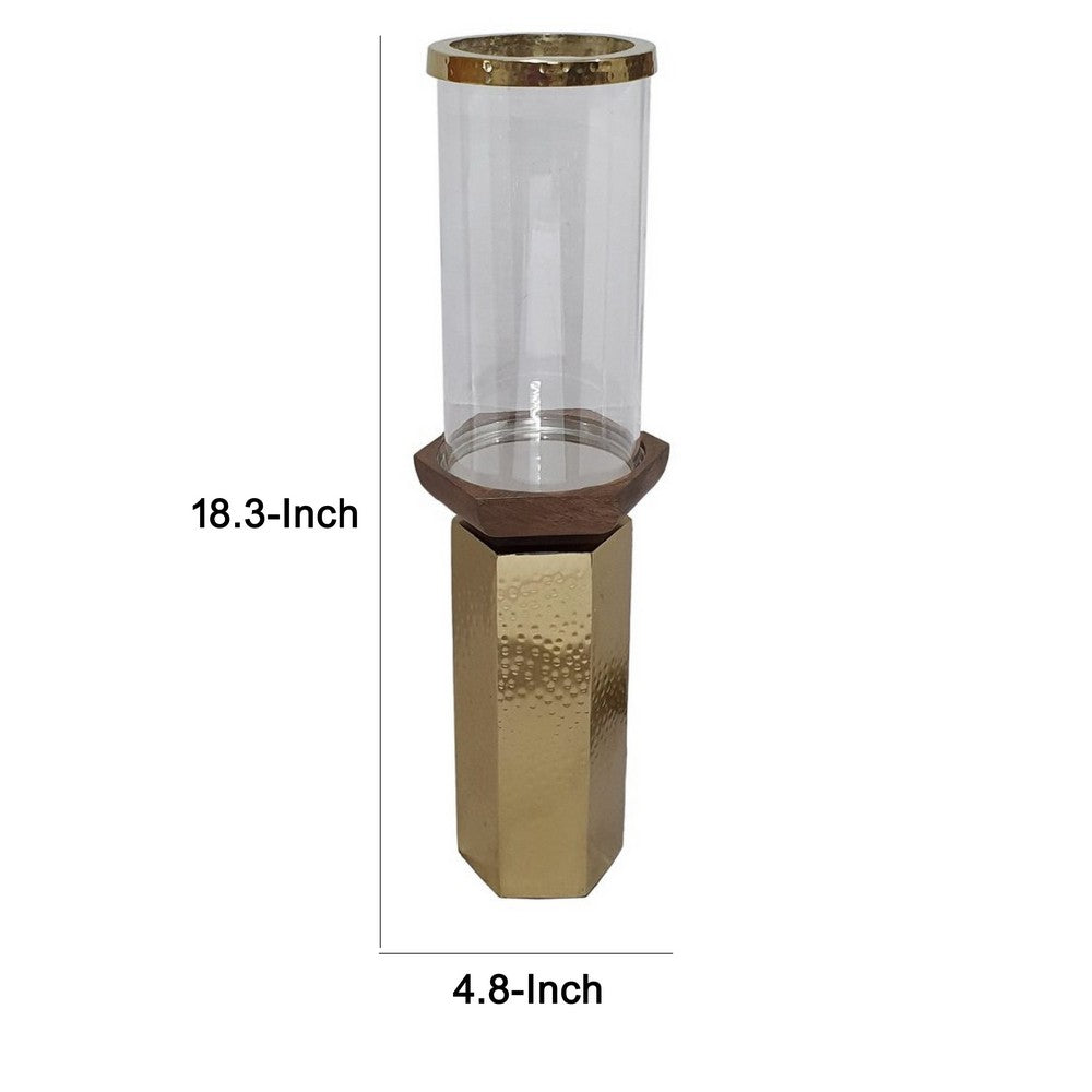 Gemo Hurricane Candle Holder with Gold Base | Mango Wood Accent 18"