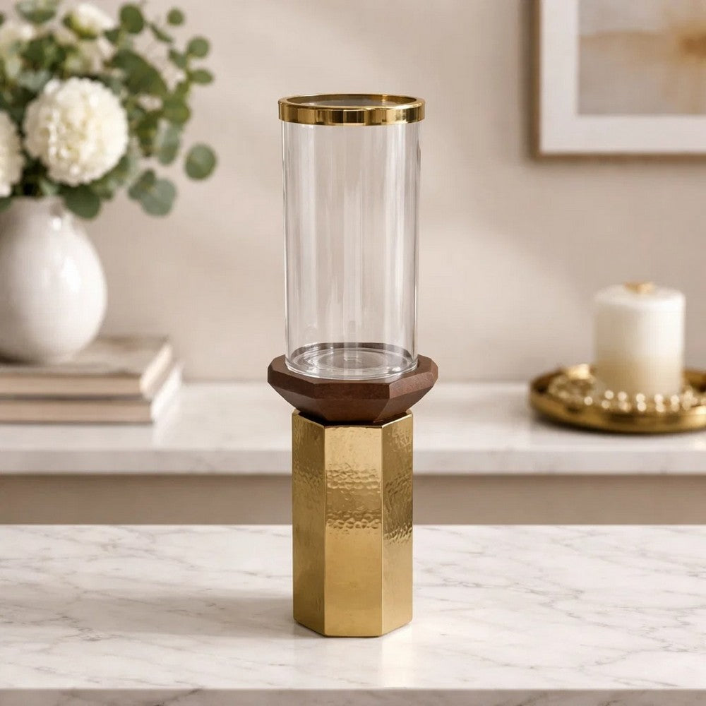 Gemo Hurricane Candle Holder with Gold Base | Mango Wood Accent 18"