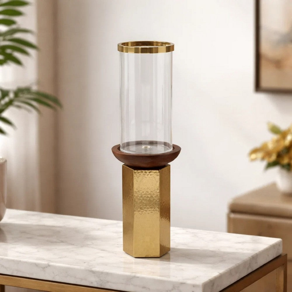 Gemo Hurricane Candle Holder with Gold Base | Mango Wood Accent 18"