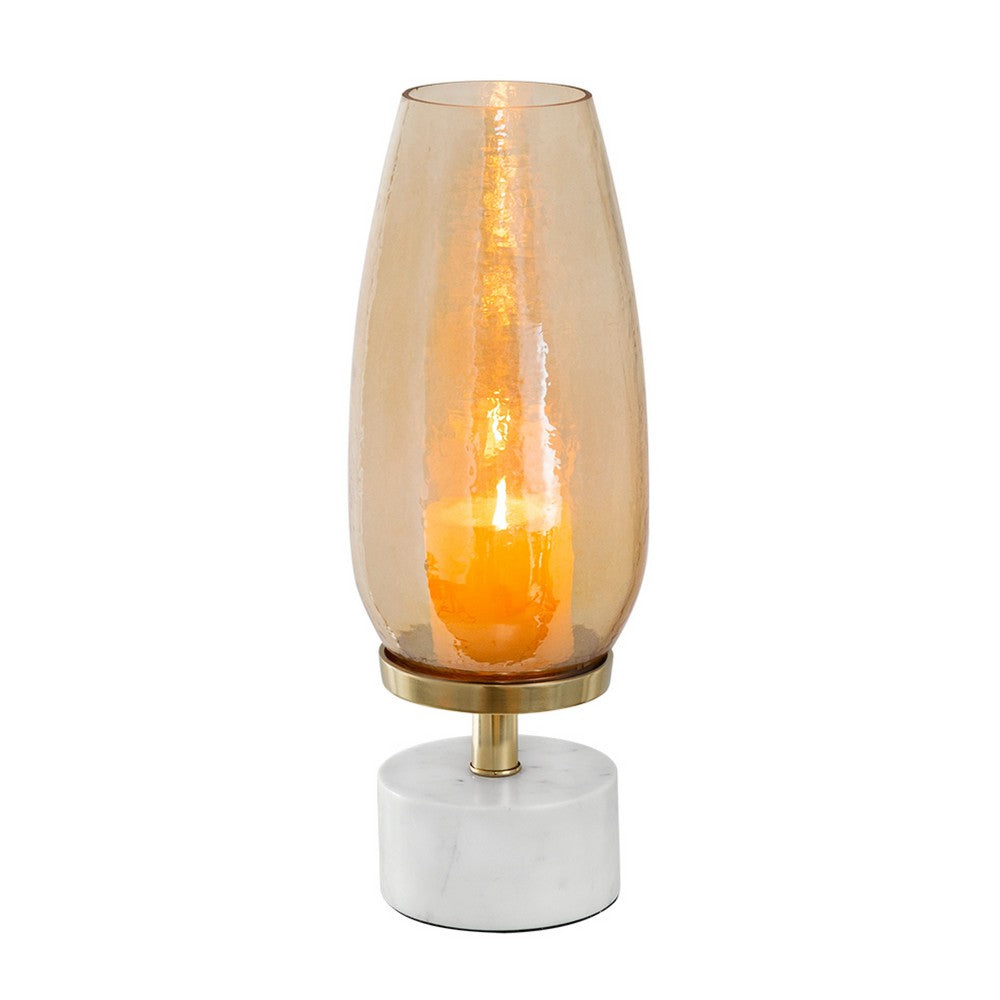 Fem Hurricane Candle Holder | White Marble Base | 17" Gold Glass