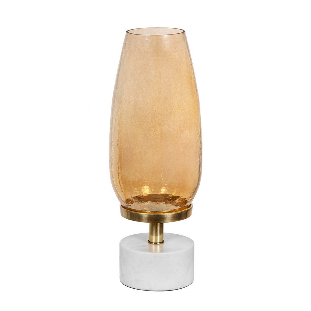 Fem Hurricane Candle Holder | White Marble Base | 17" Gold Glass