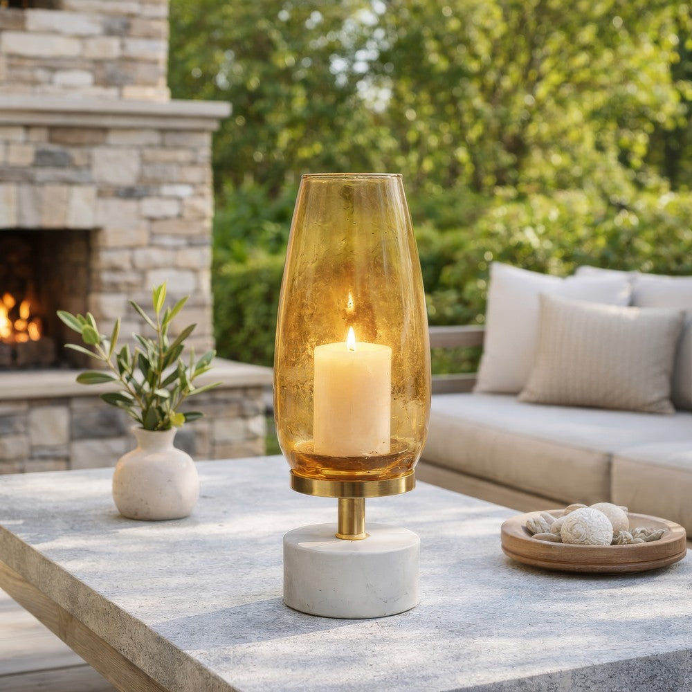 Fem Hurricane Candle Holder | White Marble Base | 17" Gold Glass