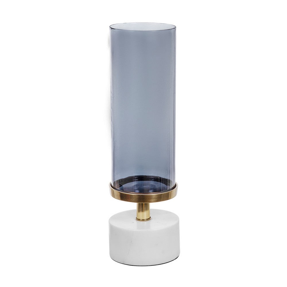 Fem Hurricane Candle Holder | White Marble Base | 16" Gray Glass