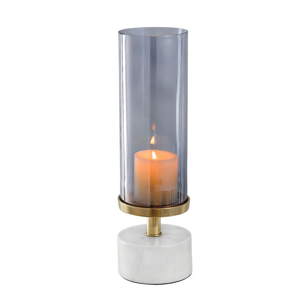 Fem Hurricane Candle Holder | White Marble Base | 16" Gray Glass