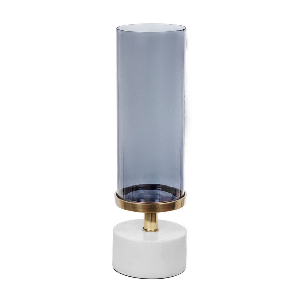 Fem Hurricane Candle Holder | White Marble Base | 16" Gray Glass