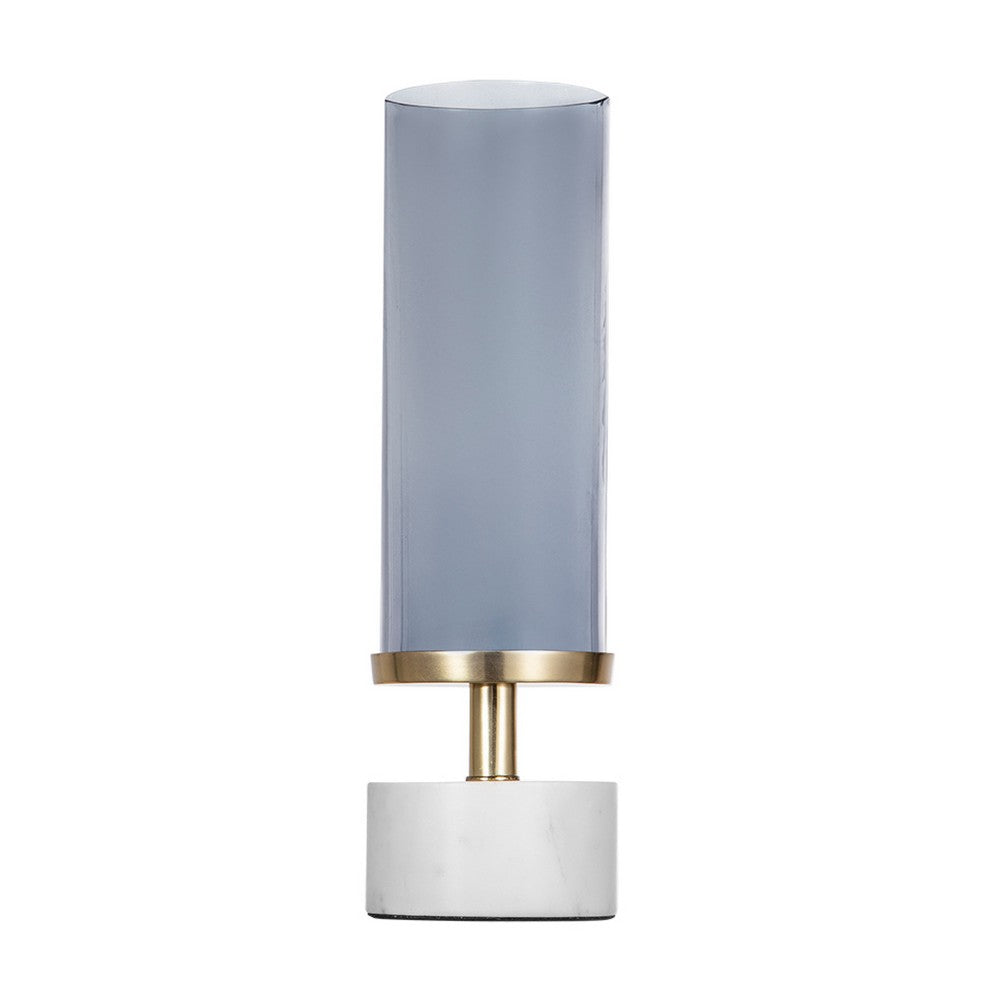 Fem Hurricane Candle Holder | White Marble Base | 16" Gray Glass