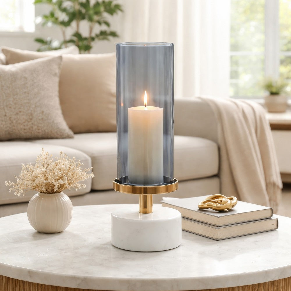 Fem Hurricane Candle Holder | White Marble Base | 16" Gray Glass