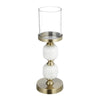 Kez Hurricane Candle Holder | White Marble | 16" Turned Gold Accent