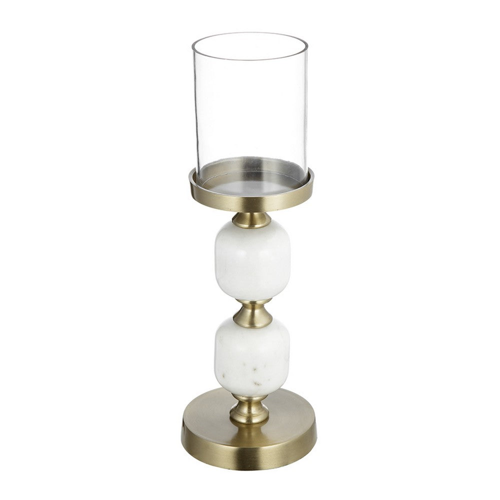 Kez Hurricane Candle Holder | White Marble | 16" Turned Gold Accent
