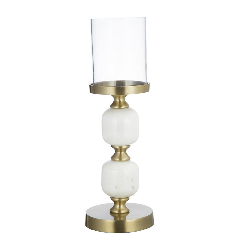 Kez Hurricane Candle Holder | White Marble | 16" Turned Gold Accent