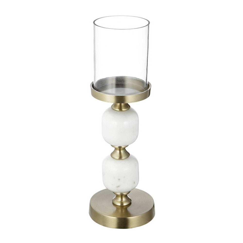 Kez Hurricane Candle Holder | White Marble | 16" Turned Gold Accent