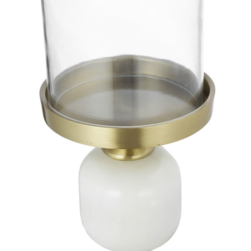 Kez Hurricane Candle Holder | White Marble | 16" Turned Gold Accent