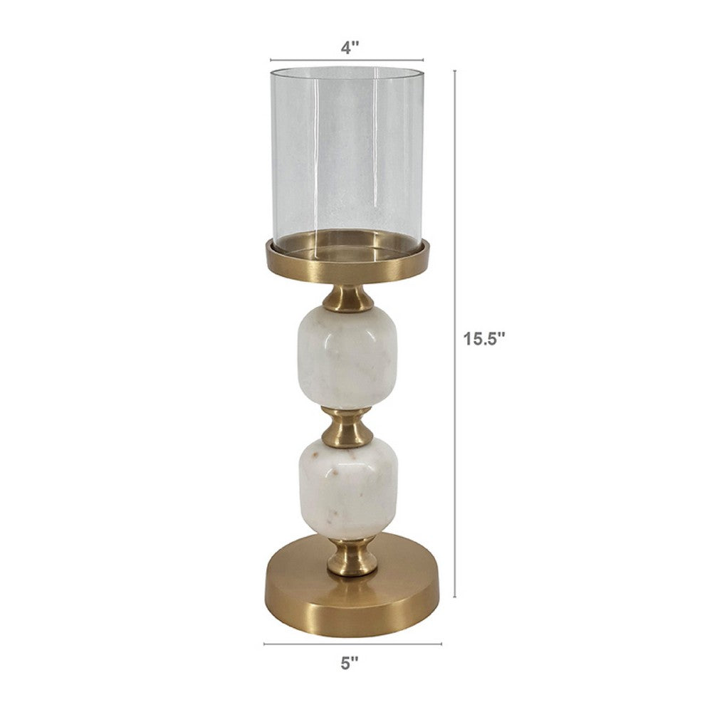 Kez Hurricane Candle Holder | White Marble | 16" Turned Gold Accent