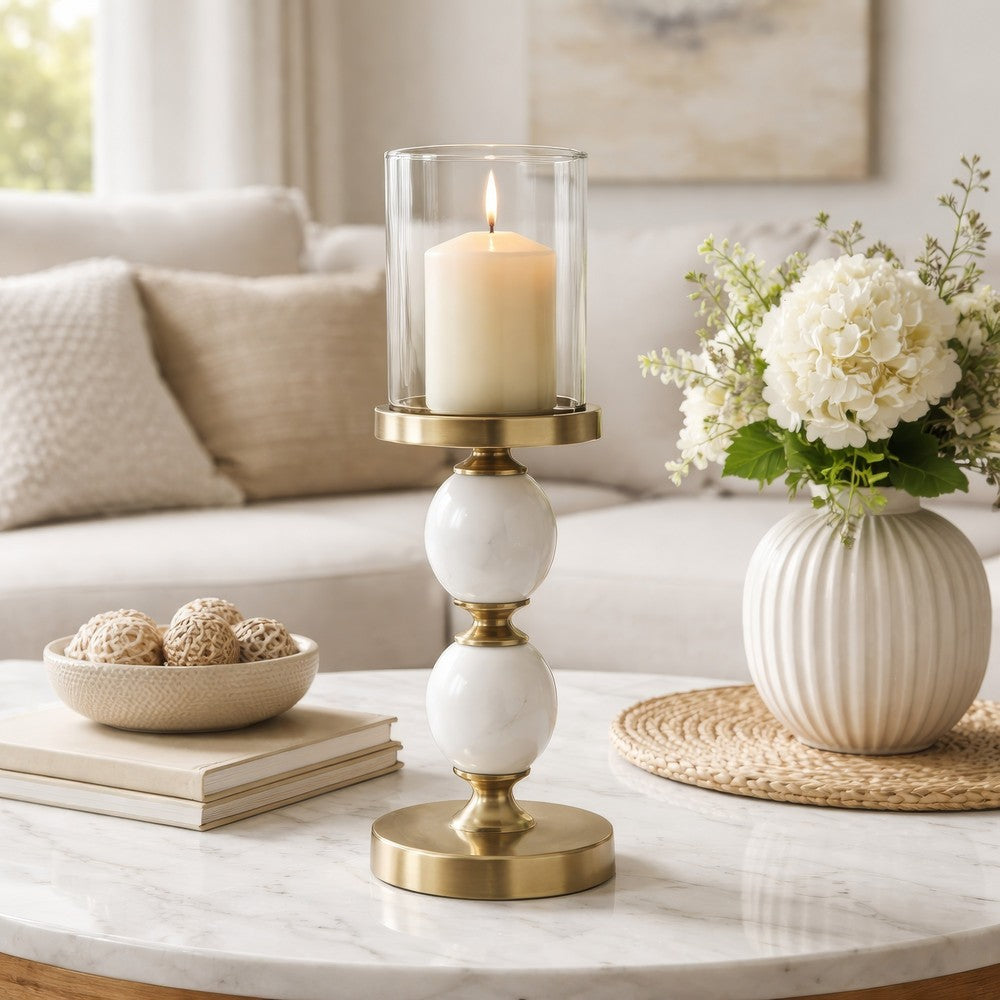 Kez Hurricane Candle Holder | White Marble | 16" Turned Gold Accent