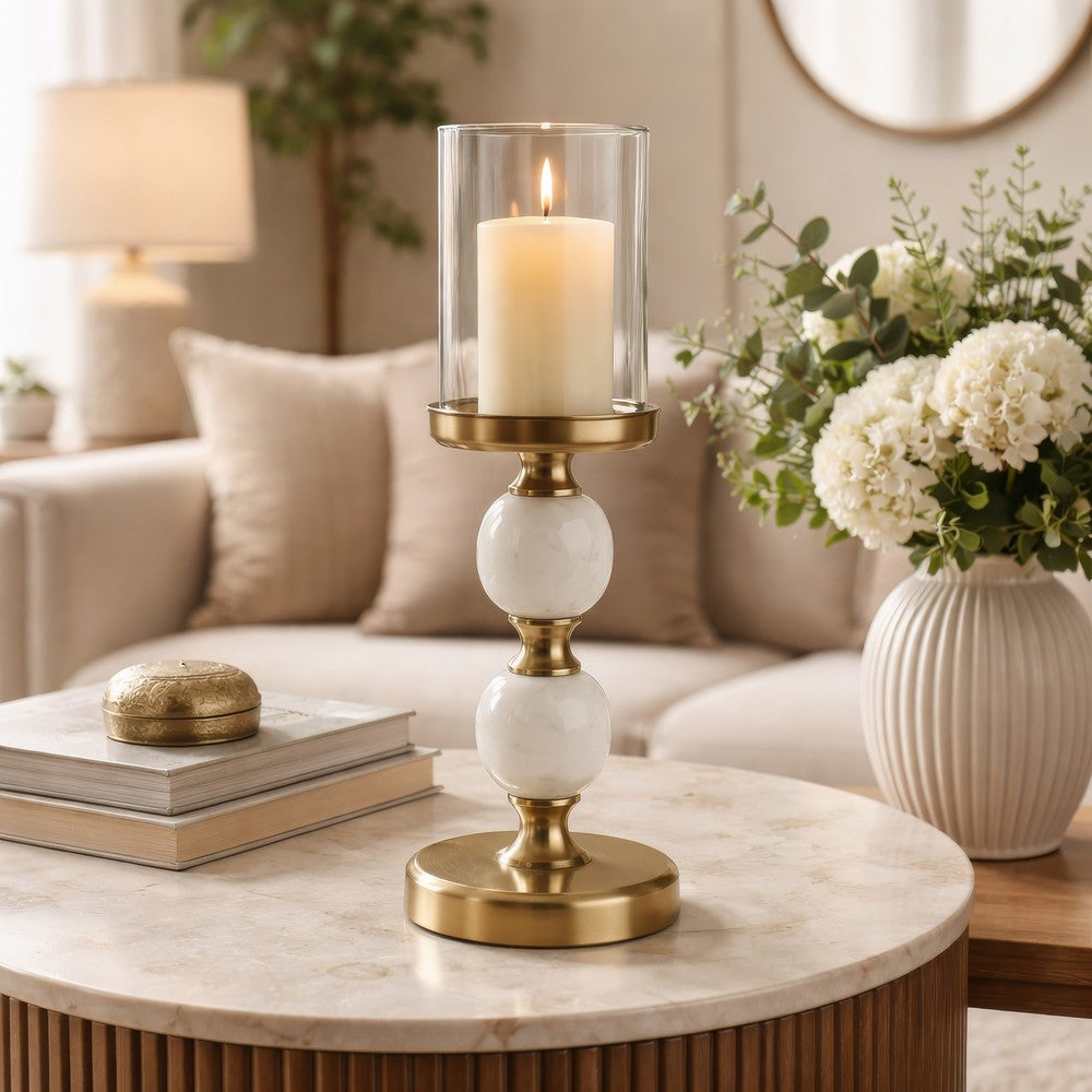 Kez Hurricane Candle Holder | White Marble | 16" Turned Gold Accent