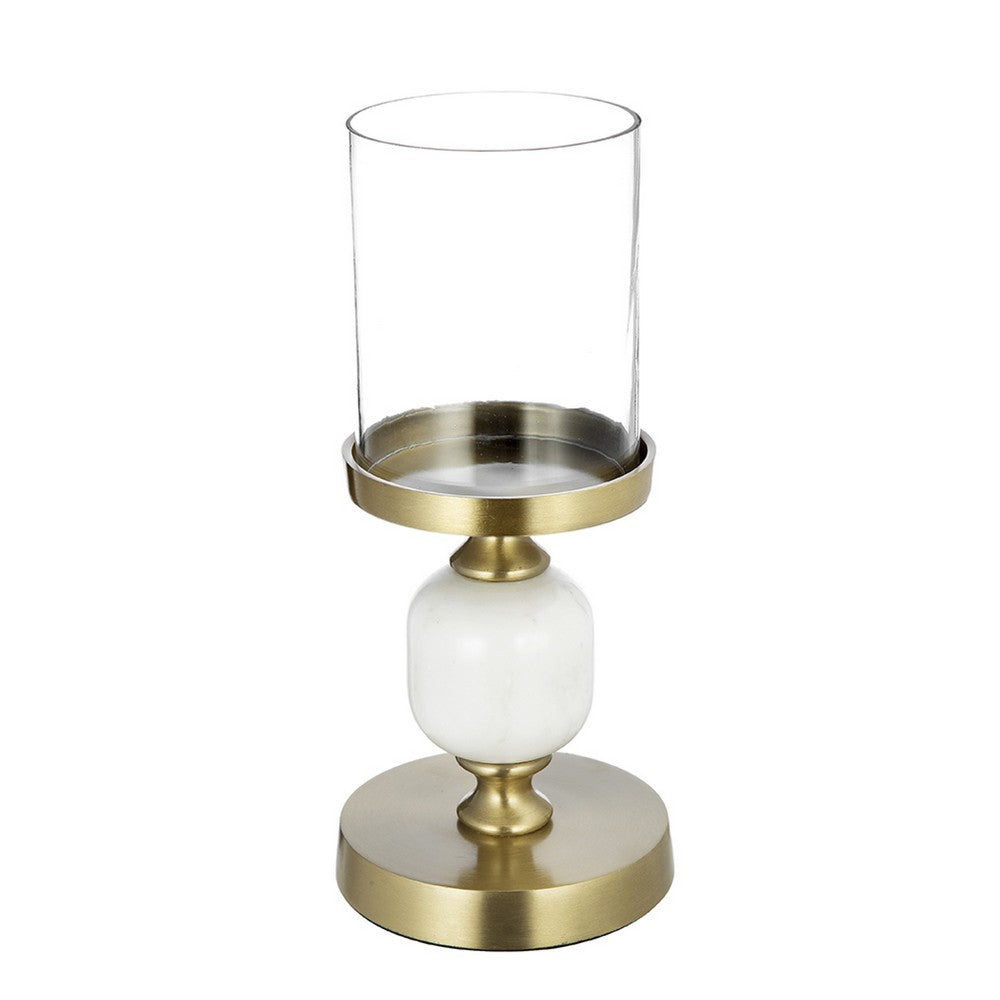 Kez Hurricane Candle Holder | White Marble | 11" Turned Gold Accent