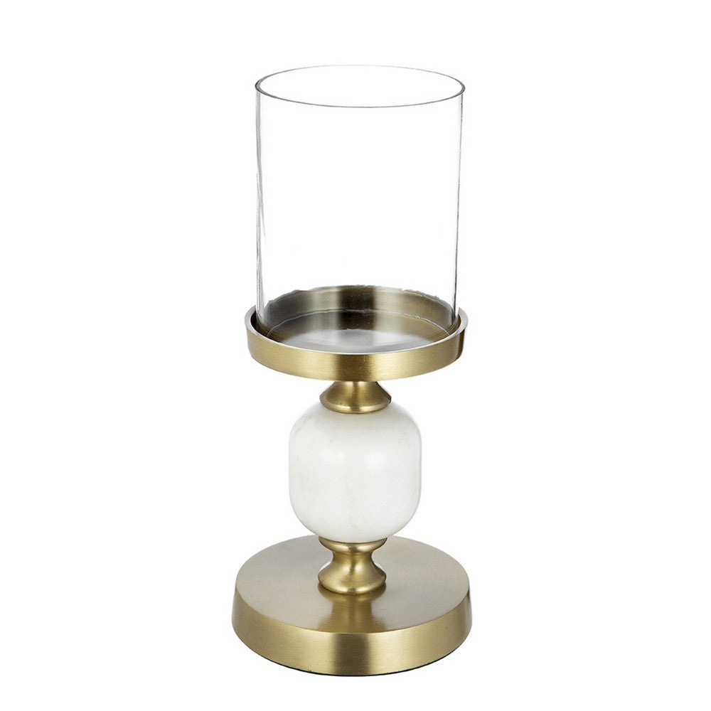 Kez Hurricane Candle Holder | White Marble | 11" Turned Gold Accent