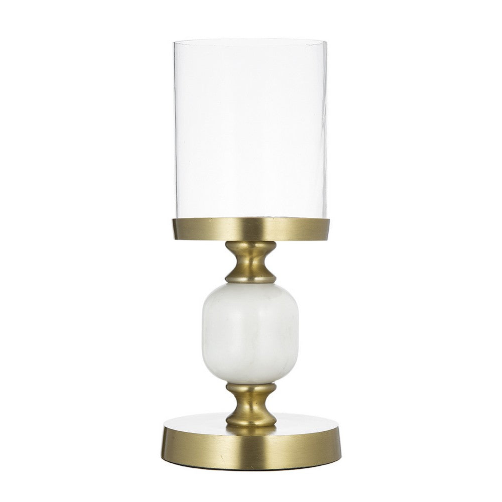 Kez Hurricane Candle Holder | White Marble | 11" Turned Gold Accent