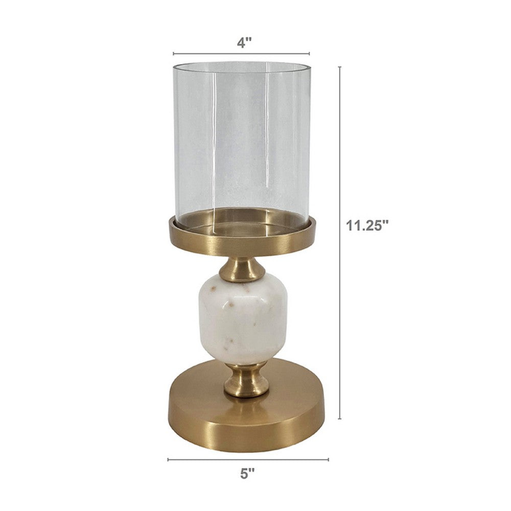 Kez Hurricane Candle Holder | White Marble | 11" Turned Gold Accent