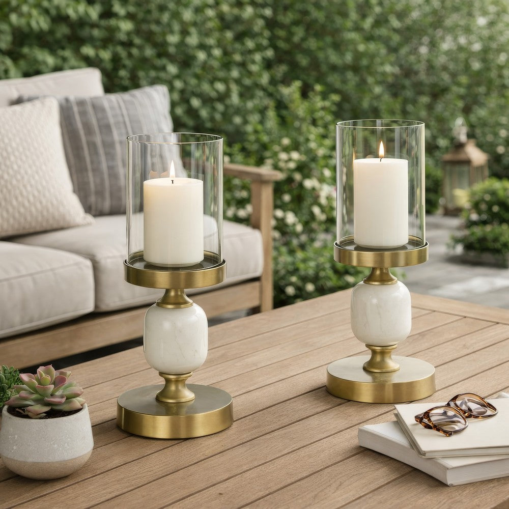 Kez Hurricane Candle Holder | White Marble | 11" Turned Gold Accent