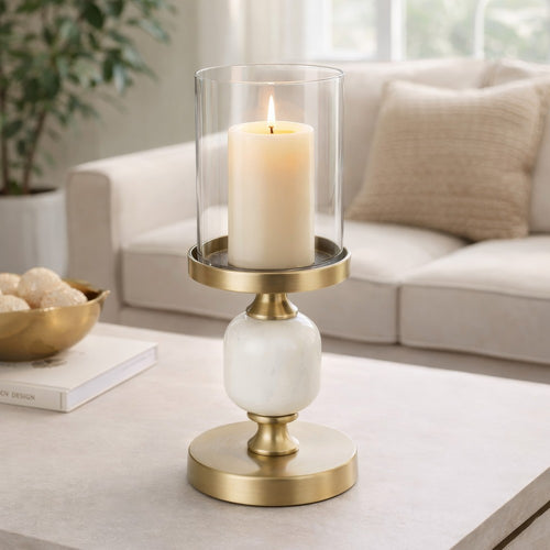Kez Hurricane Candle Holder | White Marble | 11" Turned Gold Accent