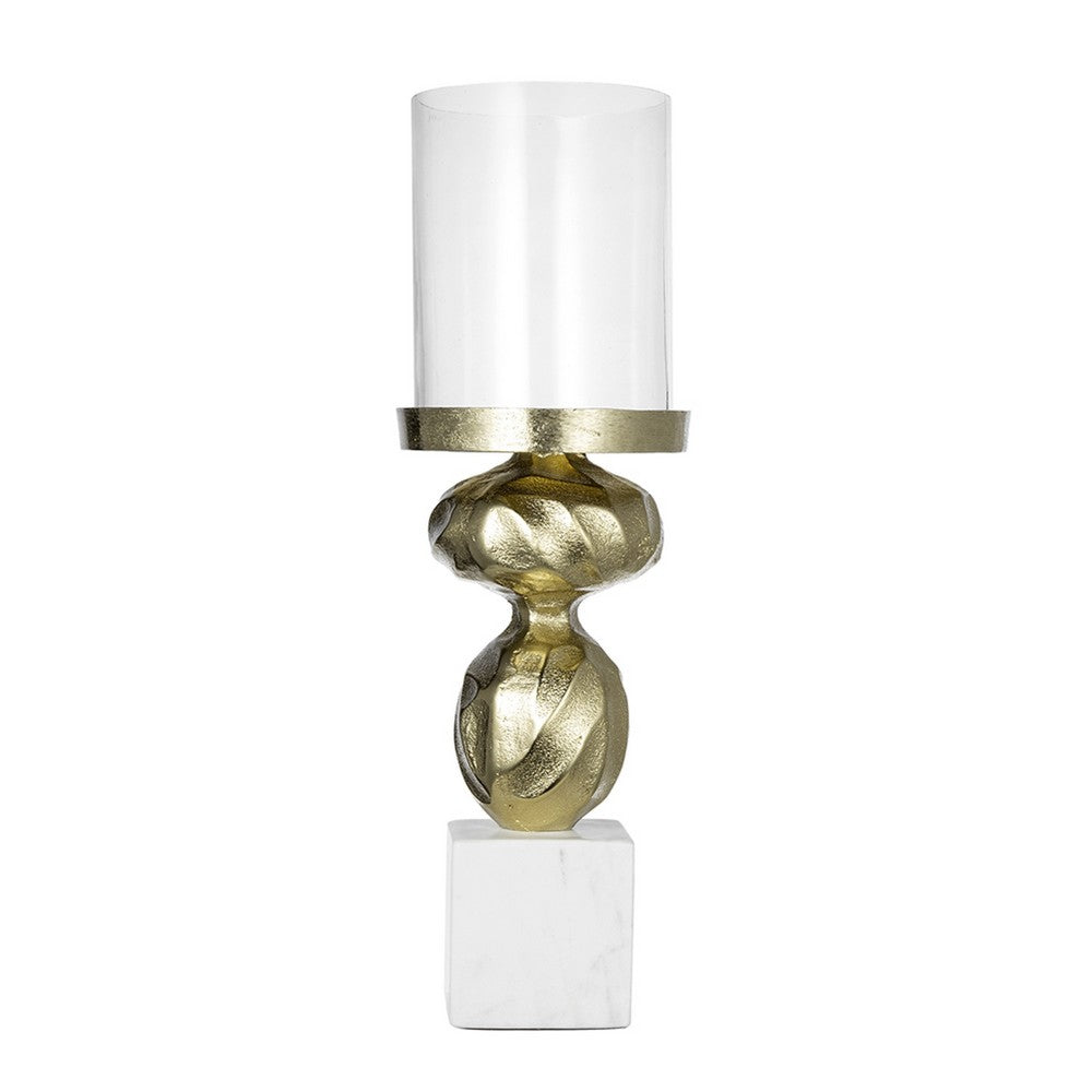 Hurricane Candle Holder | White Marble Base | 14" Turned Gold Accent