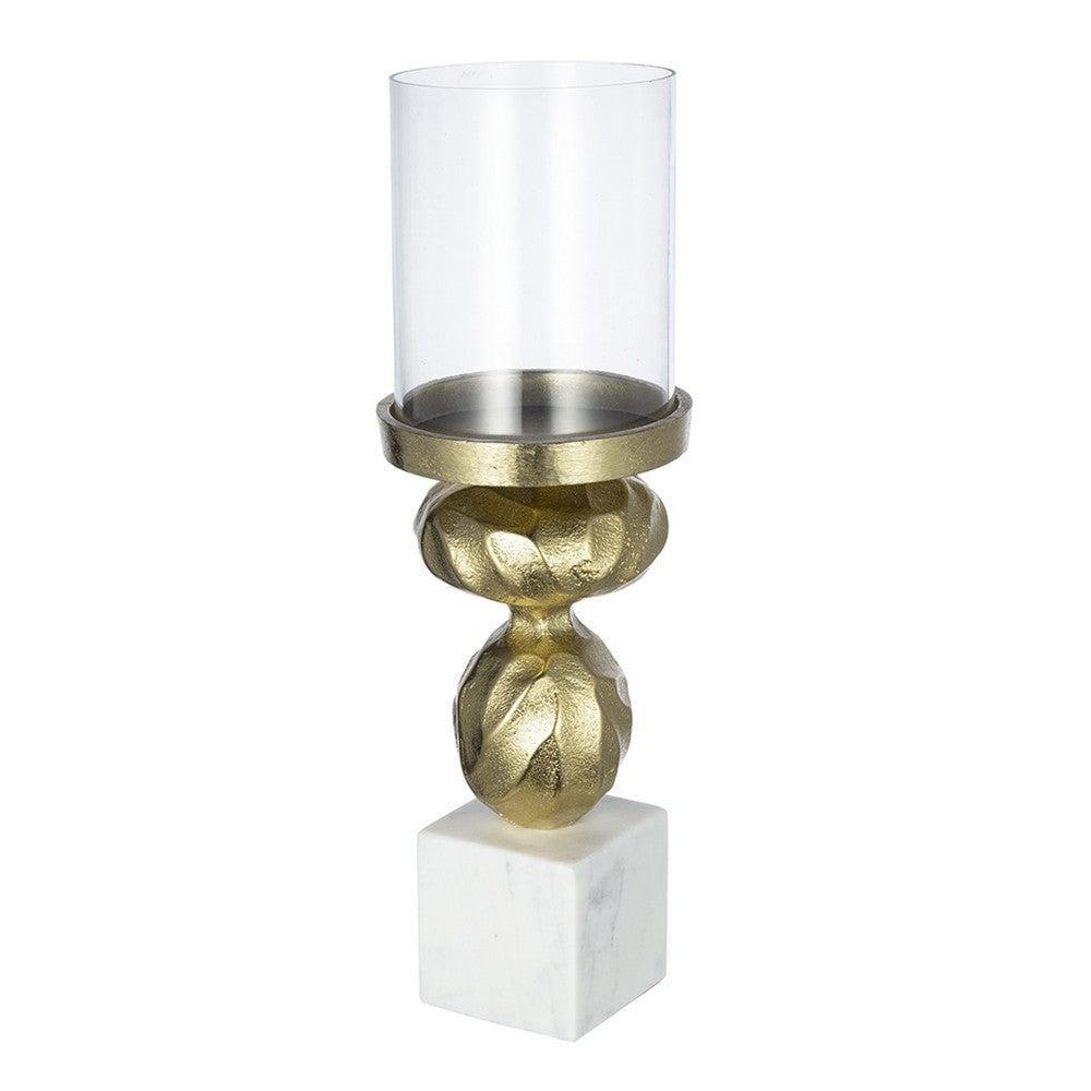 Hurricane Candle Holder | White Marble Base | 14" Turned Gold Accent