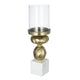 Hurricane Candle Holder | White Marble Base | 14" Turned Gold Accent