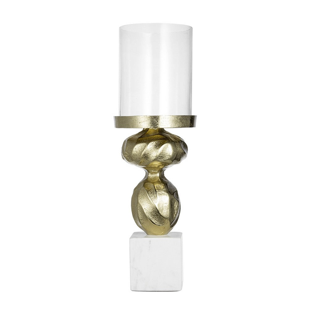 Hurricane Candle Holder | White Marble Base | 14" Turned Gold Accent