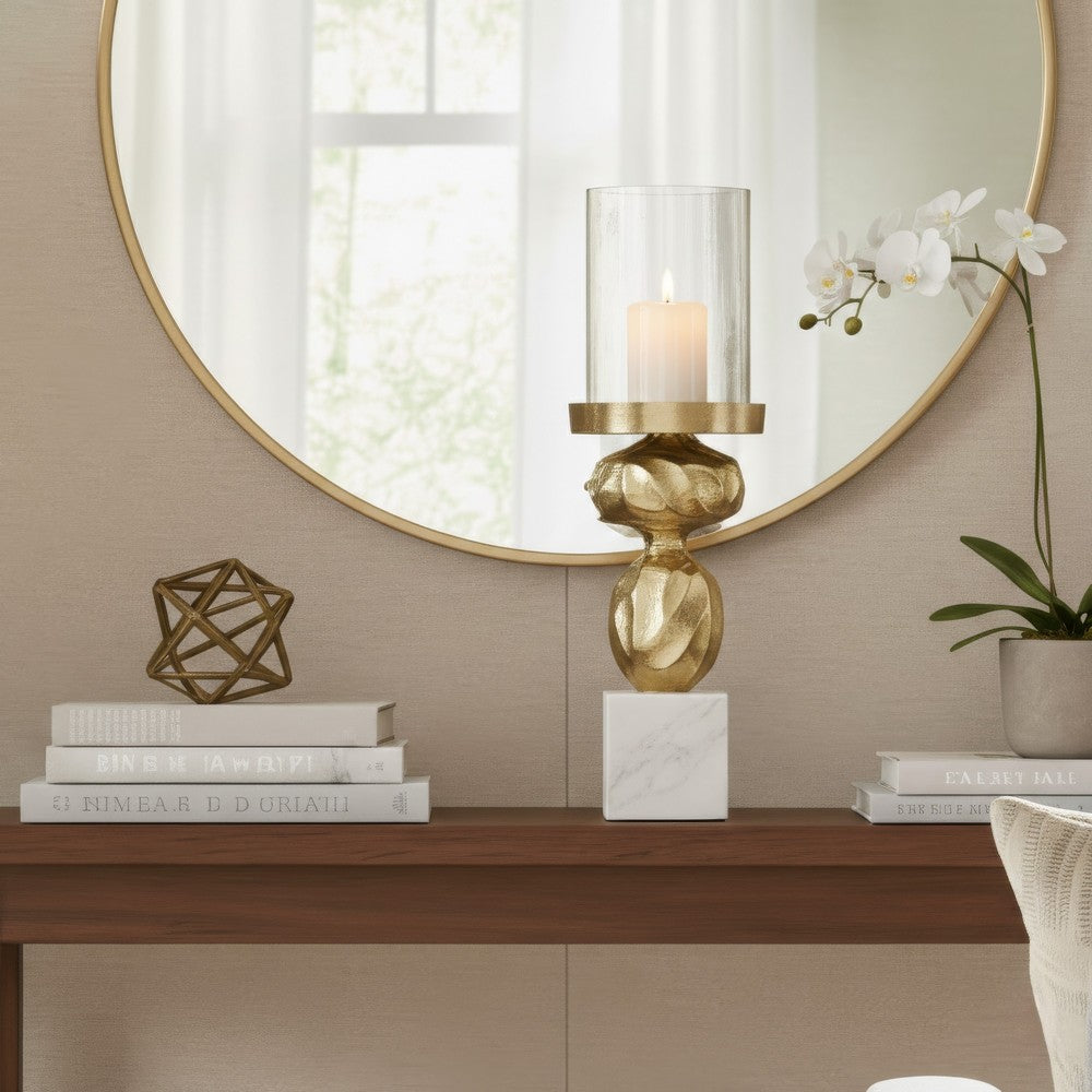 Hurricane Candle Holder | White Marble Base | 14" Turned Gold Accent