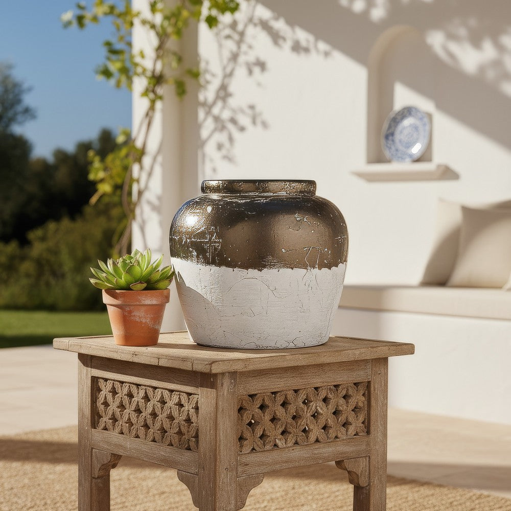 Accent Flower Vase | Rustic Bronze & Silver Terracotta | 13" Round