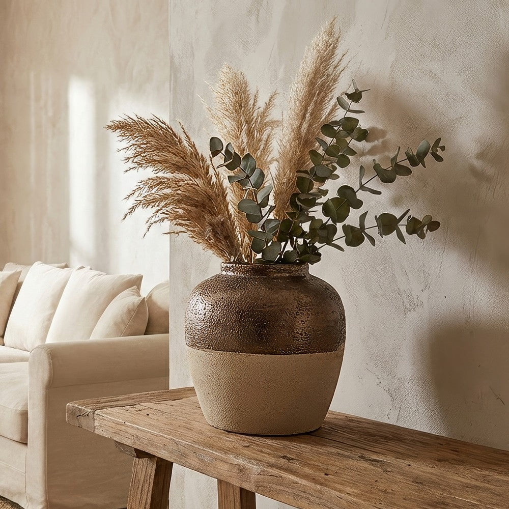Accent Flower Vase | Rustic Bronze & Silver Terracotta | 13" Round