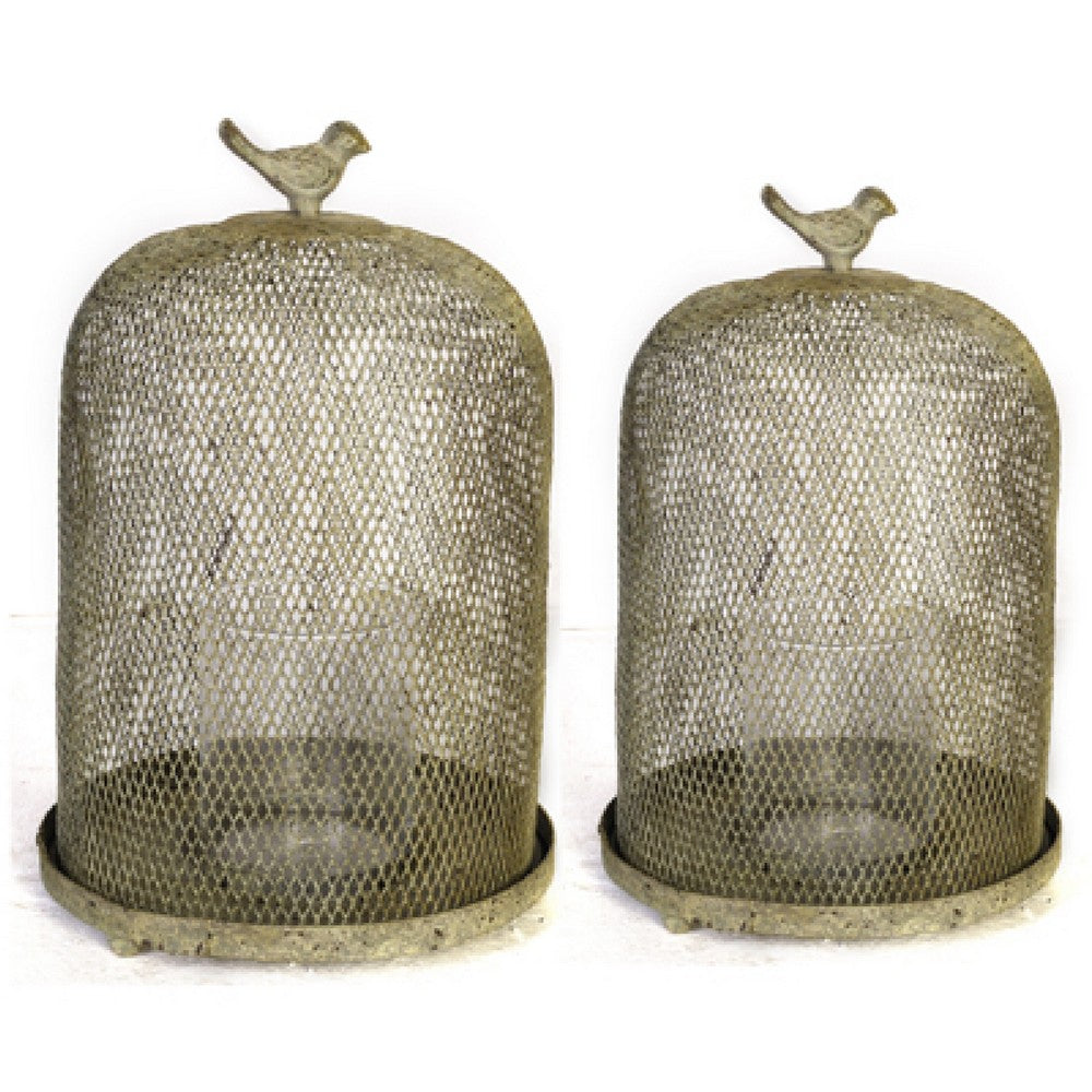Vintage Candle Holder Set of 2 | Sparrow Accent Mesh Dome Design | Gray