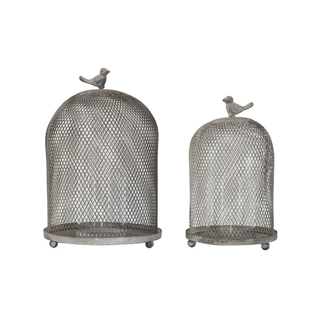 Vintage Candle Holder Set of 2 | Sparrow Accent Mesh Dome Design | Gray