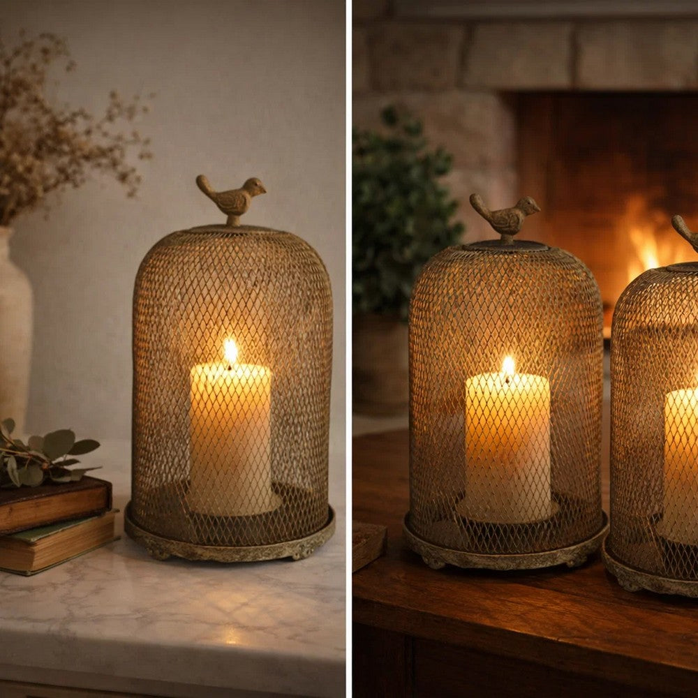 Vintage Candle Holder Set of 2 | Sparrow Accent Mesh Dome Design | Gray