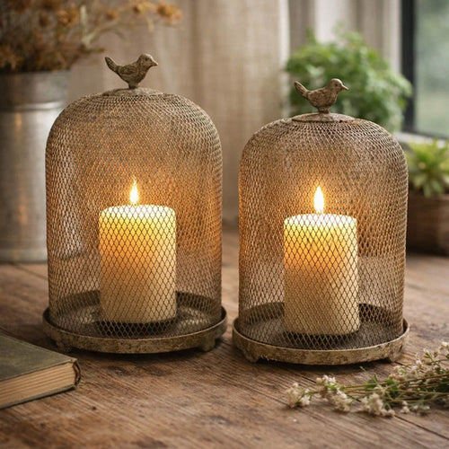 Vintage Candle Holder Set of 2 | Sparrow Accent Mesh Dome Design | Gray