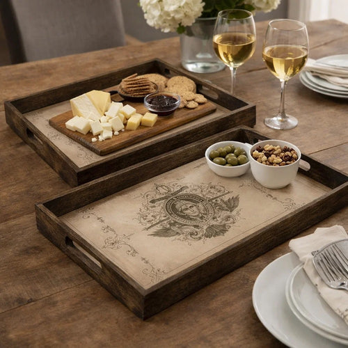 Decorative Serving Tray Set of 2 | Vintage Emblem Design | Cream Brown